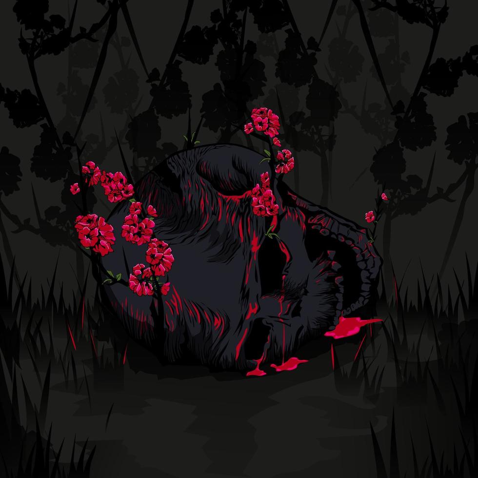schedel met rood bloemen Aan donker achtergrond met bloemen vector