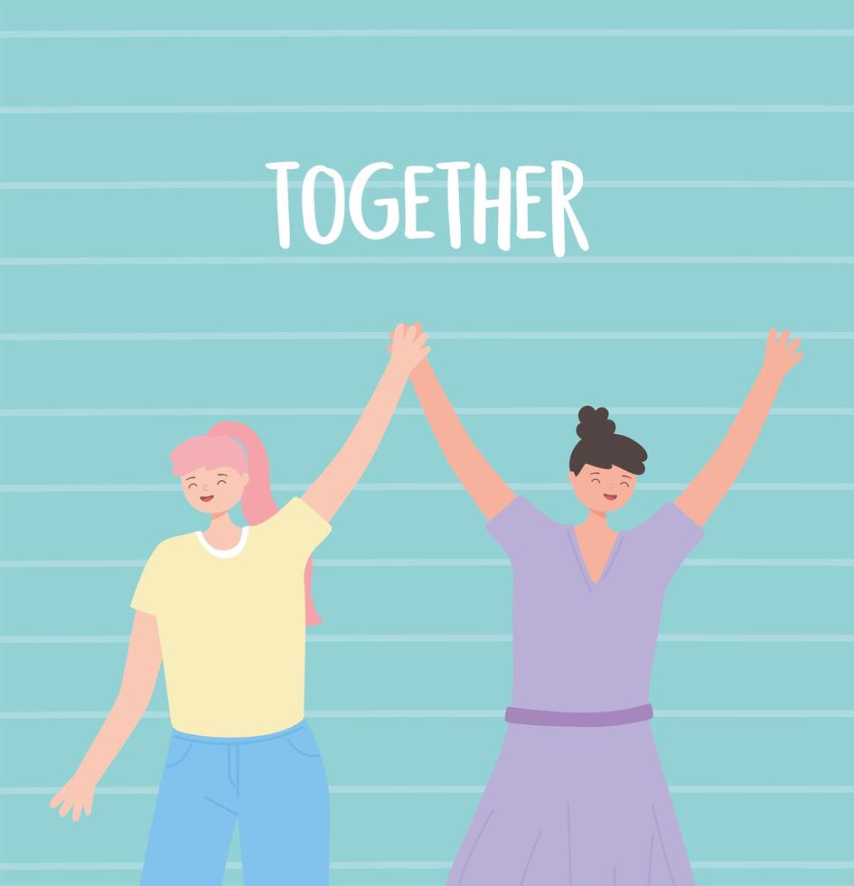 mensen samen, grappige jonge vrouwen hand in hand vector