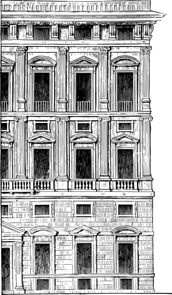voor de helft de facade van een paleis Bij Genua wijnoogst gravure. vector
