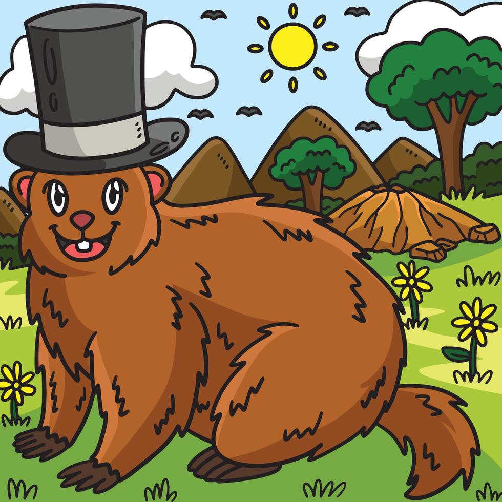 groundhog top hoed gekleurde tekenfilm illustratie vector
