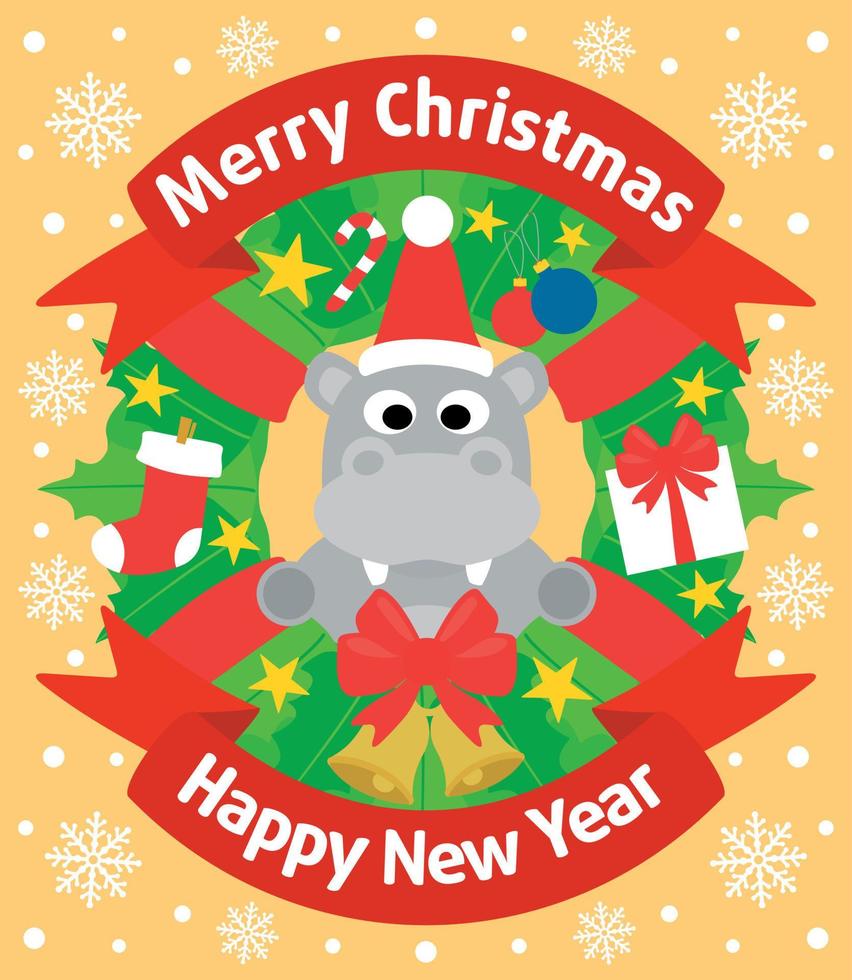 Kerstmis en nieuw jaar achtergrond kaart met nijlpaard vector