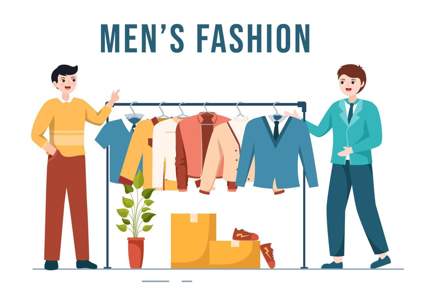 mode mannen en kleding van modieus Mens in winkel binnen- of kleren winkel voor boodschappen doen Aan vlak tekenfilm hand- getrokken Sjablonen illustratie vector