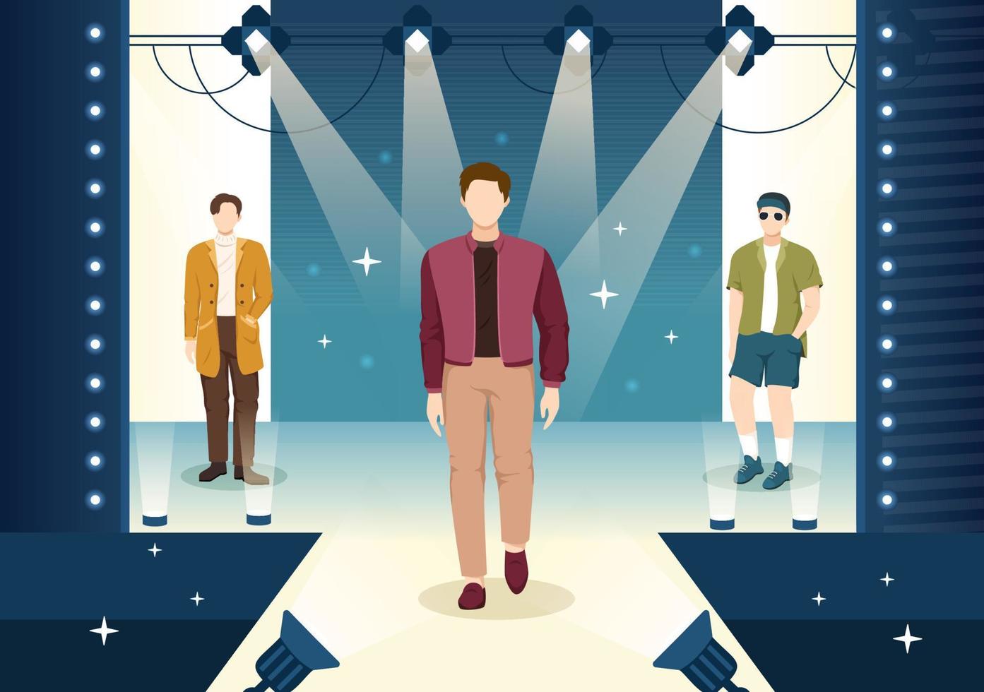 mode mannen tonen met catwalk mannetje modellen Scherm kleren Aan landingsbaan in modern modieus outfits Aan vlak tekenfilm hand- getrokken Sjablonen illustratie vector