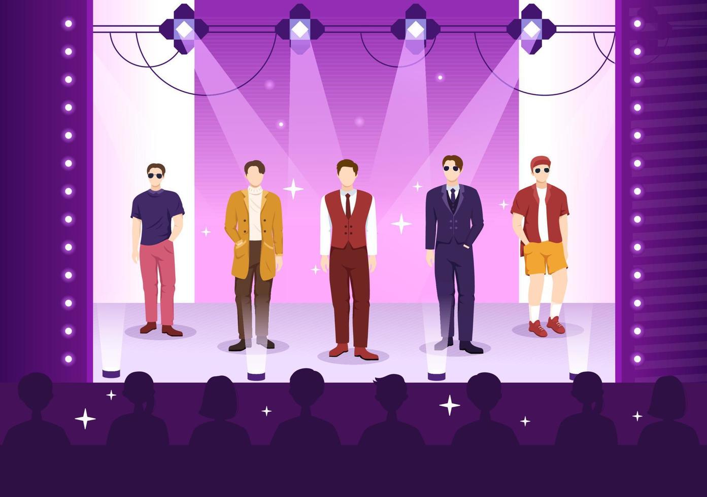 mode mannen tonen met catwalk mannetje modellen Scherm kleren Aan landingsbaan in modern modieus outfits Aan vlak tekenfilm hand- getrokken Sjablonen illustratie vector