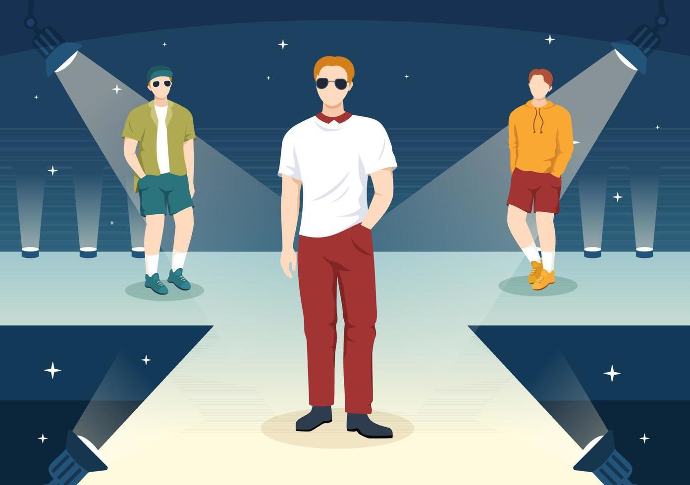 mode mannen tonen met catwalk mannetje modellen Scherm kleren Aan landingsbaan in modern modieus outfits Aan vlak tekenfilm hand- getrokken Sjablonen illustratie vector