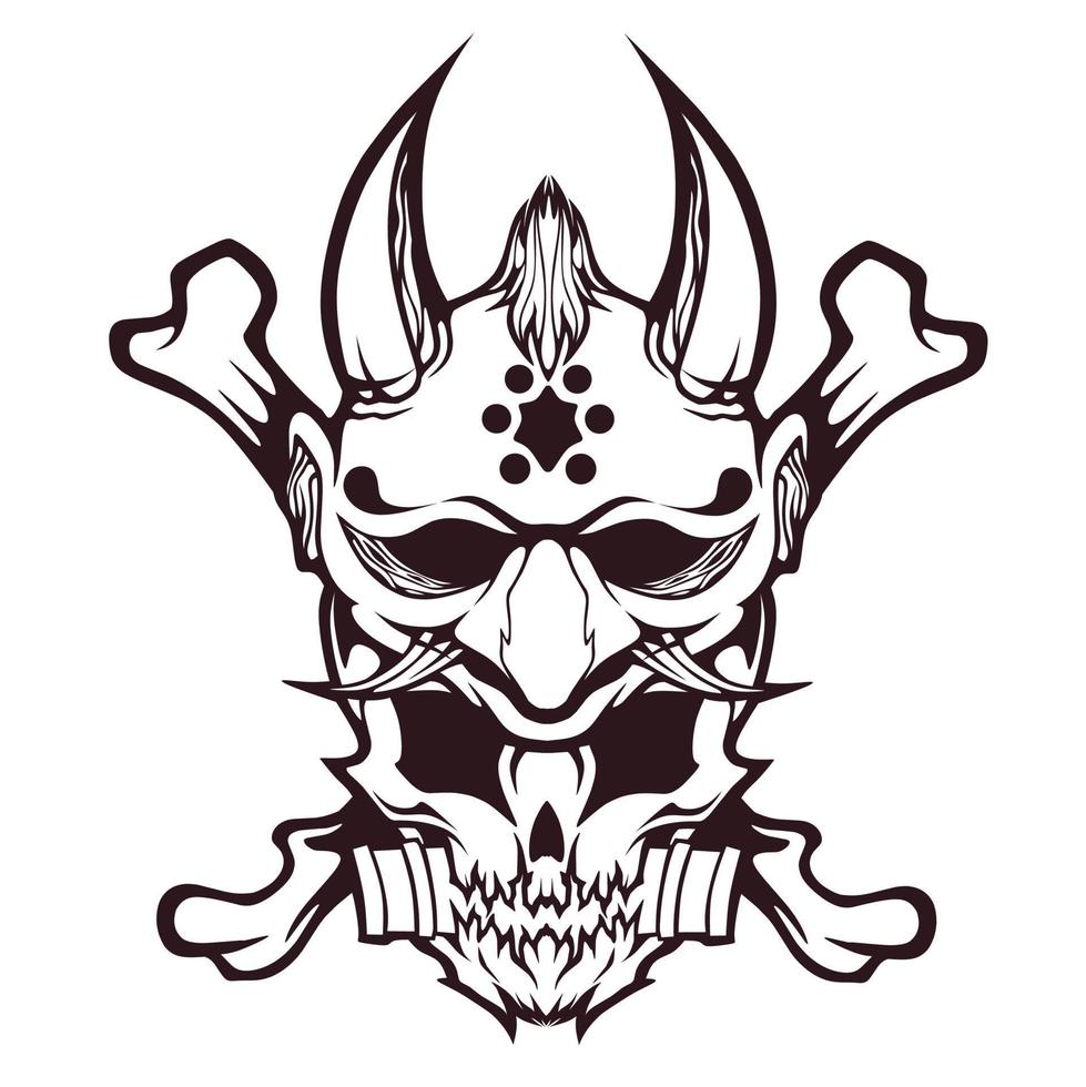 illustratie van schedel hoofd ontwerp en oni masker met twee gekruiste botten vector