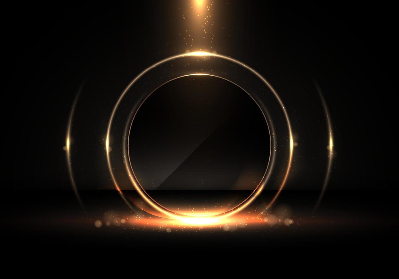 abstract gouden cirkels verlichting vlammen effect sprankelend met bokeh en goud schitteren deeltjes Aan zwart achtergrond luxe stijl vector