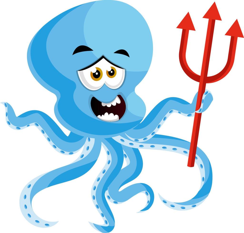 Octopus Holding duivel speer, illustratie, vector Aan wit achtergrond.