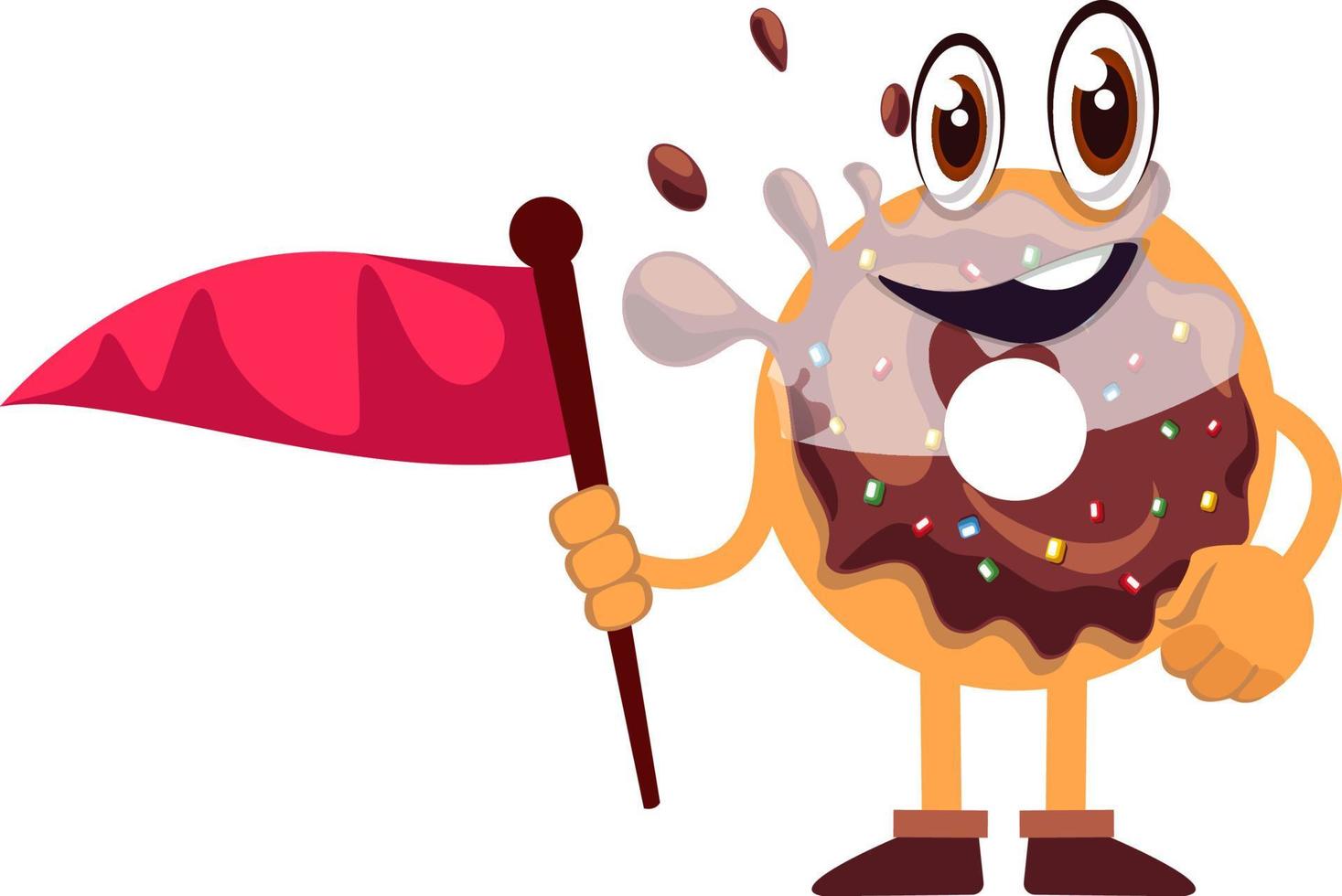 donut Holding rood vlag, illustratie, vector Aan wit achtergrond.