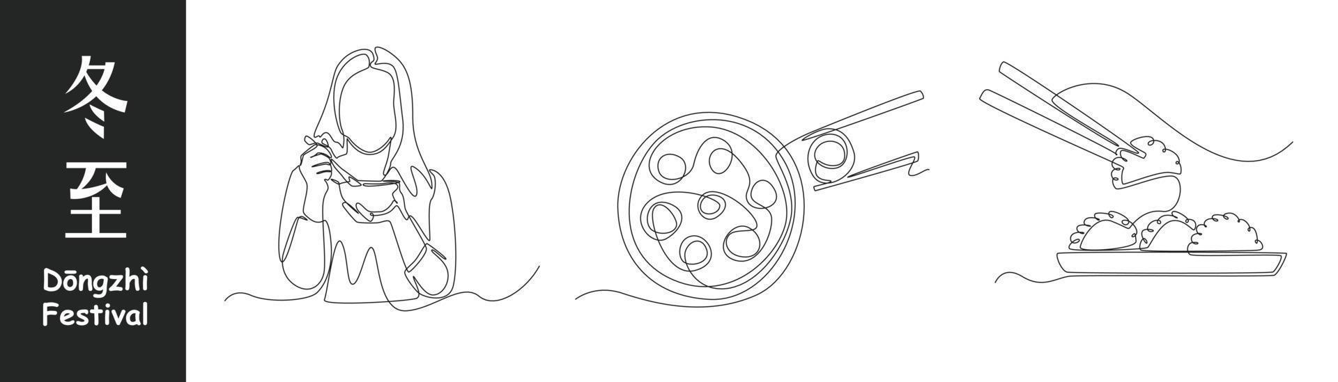 doorlopend een lijn tekening dongzhi festival concept set. zoet meisje eten knoedel schaal, knoedel en pan gebakken met eetstokje . single lijn trek ontwerp vector grafisch illustratie.
