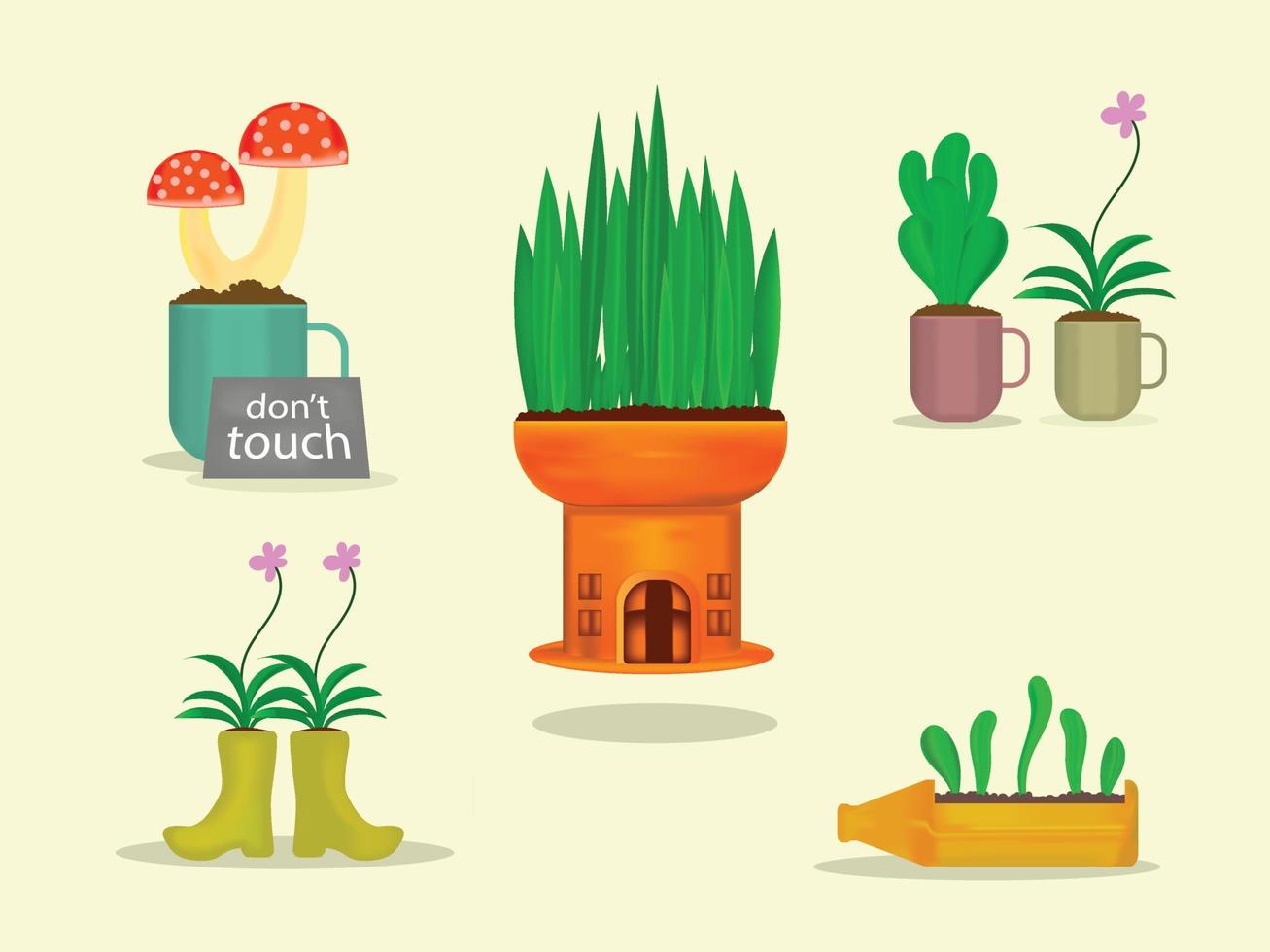 planten en bloemen groei in gerecycled potten. uniek pot. vlieg agaric paddestoel vector