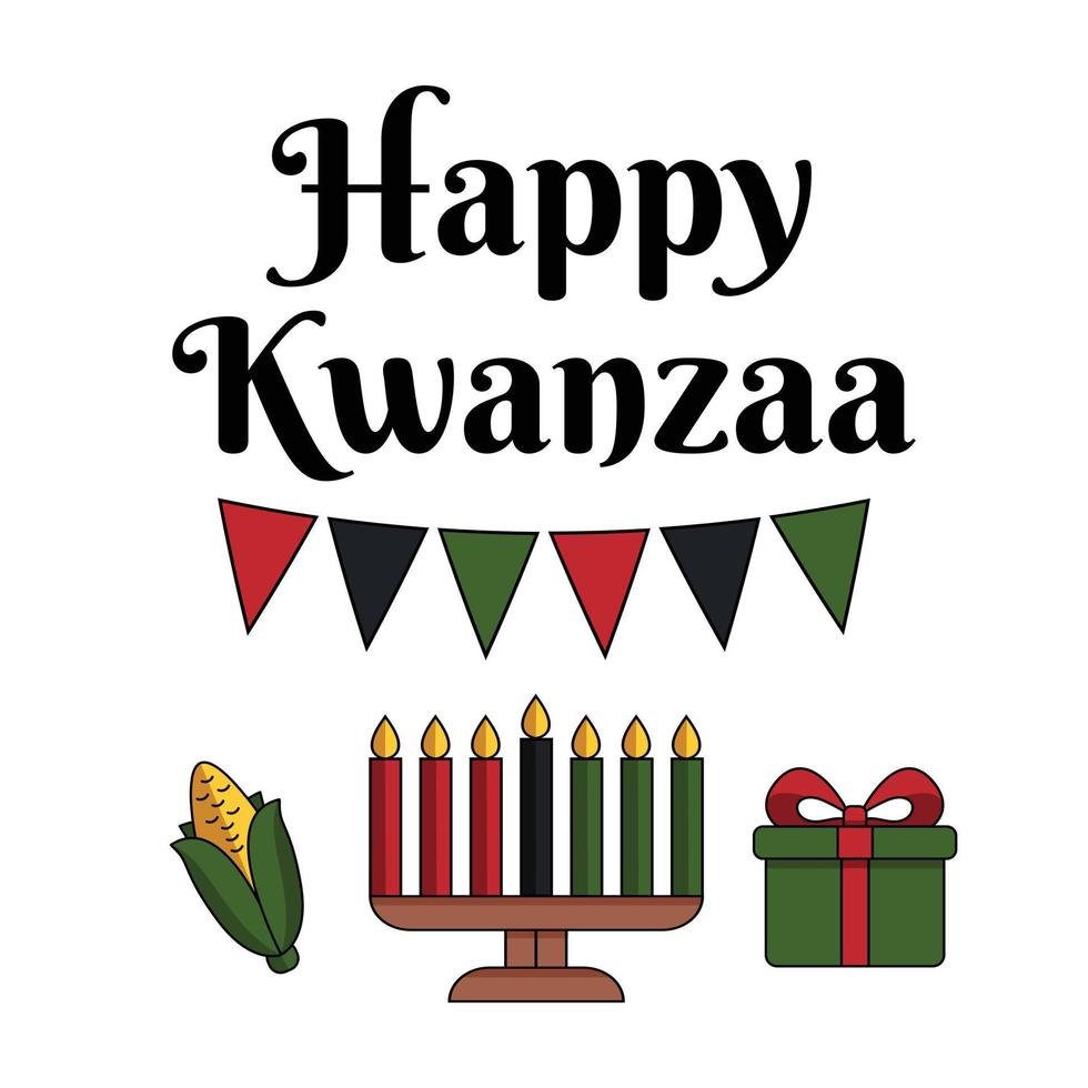 groet kaart gelukkig kwanzaa in modern vlak stijl met kinara kaars houder, maïs, geschenk doos - traditioneel Kwanza symbolen. vector geïsoleerd Aan wit achtergrond. Afrikaanse erfgoed viering.