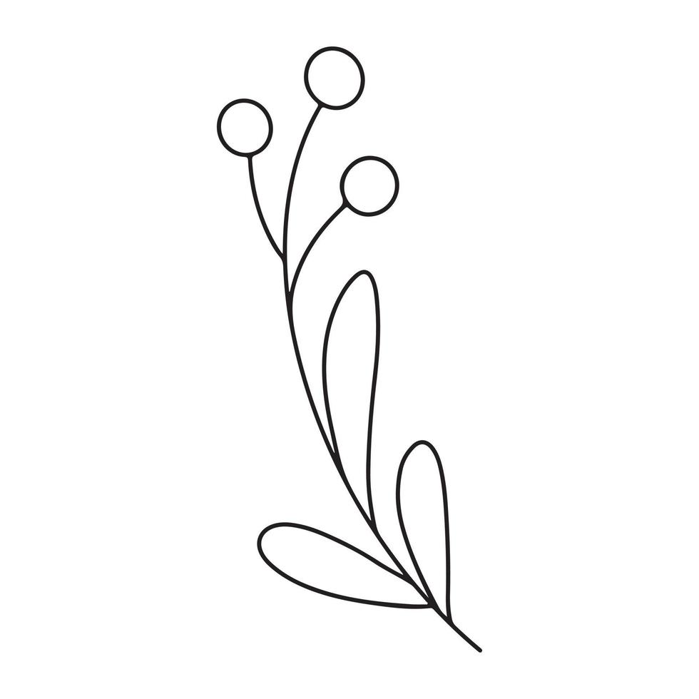 hand- getrokken minimalistische Afdeling met bladeren en bessen. zwart contour lijn schets vector illutration in minimaal tekening stijl. winter vakantie bloemen klem kunst, groen