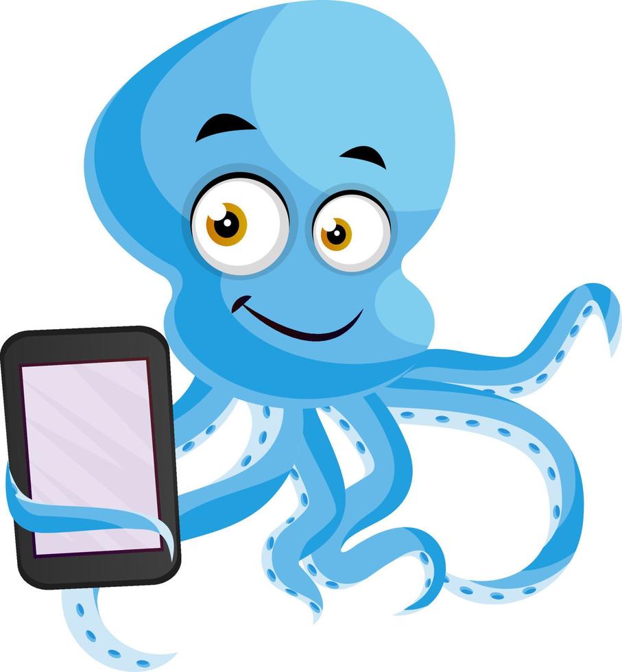 Octopus met tablet, illustratie, vector Aan wit achtergrond.