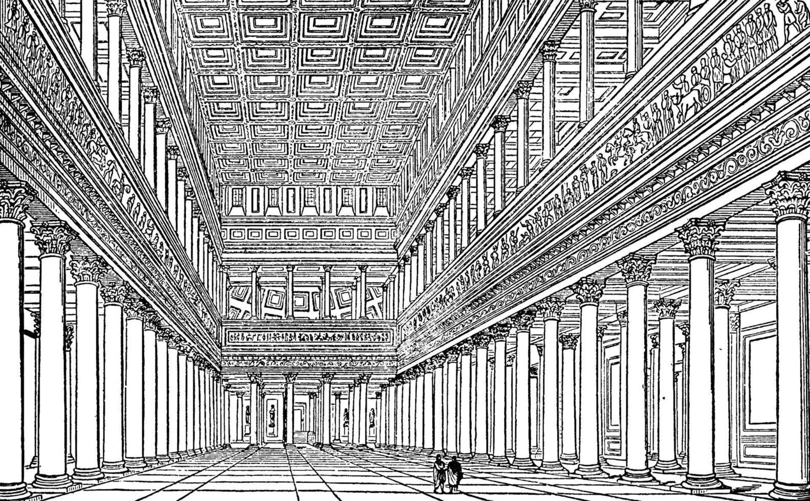 interieur van trajanus basiliek, net zo hersteld door hond, wijnoogst gravure. vector