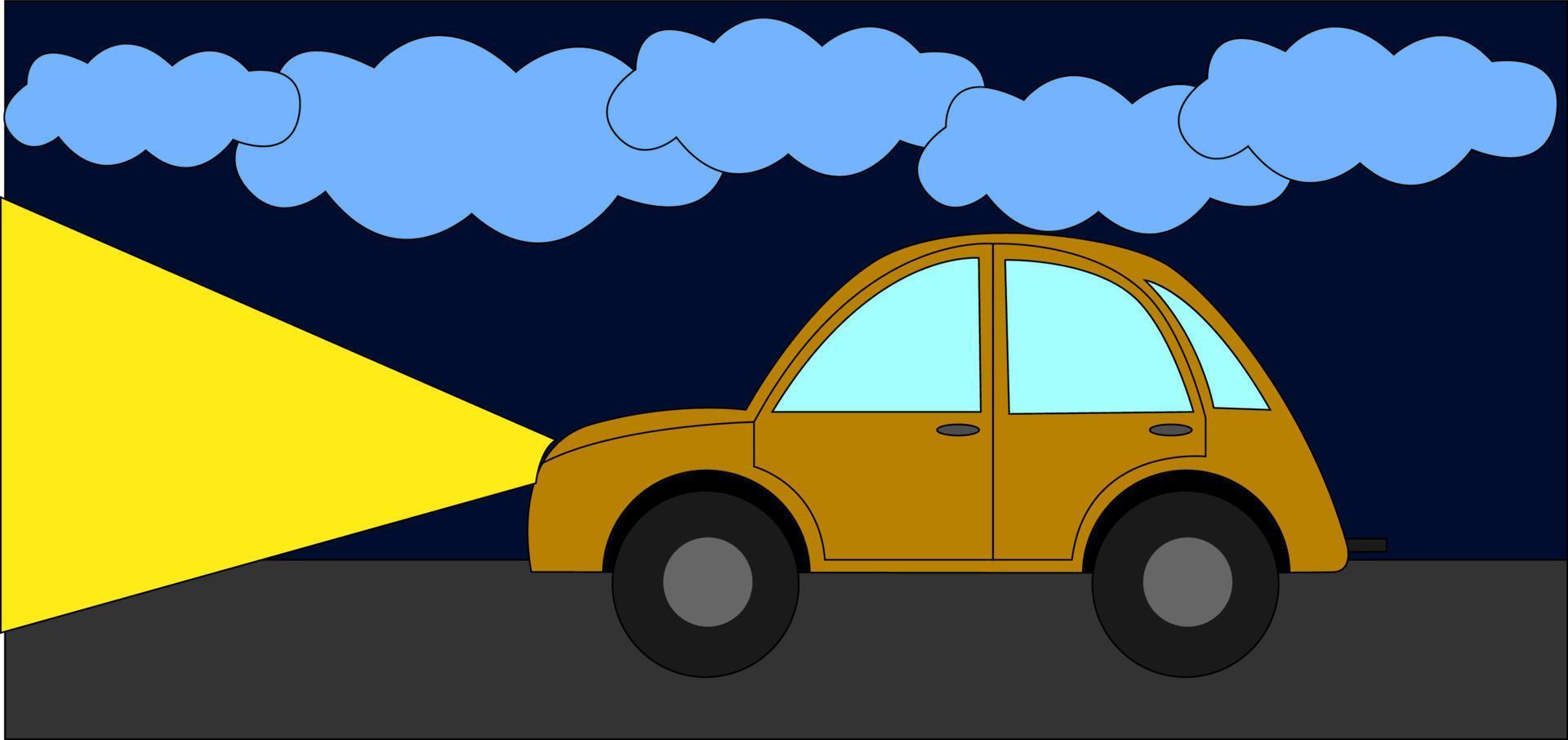 auto het rijden Bij nacht, illustratie, vector Aan wit achtergrond.