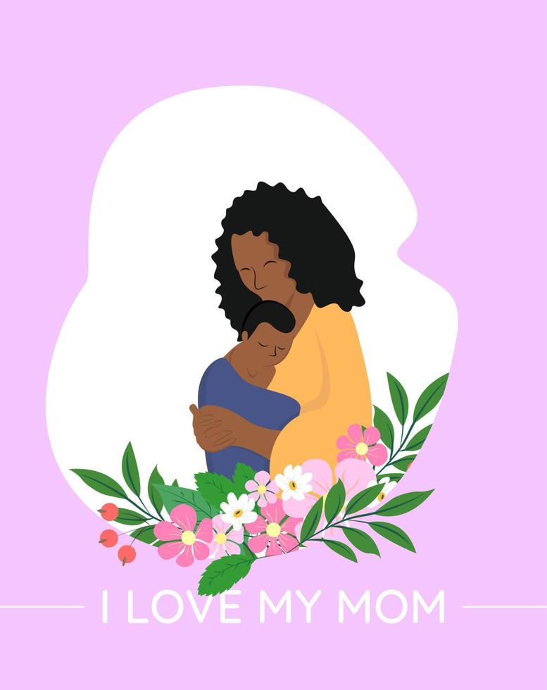 schattig Afrikaanse Amerikaans moeder Holding haar schattig baby met bloemen vector illustratie. gelukkig moeders dag. ik liefde mijn mama.