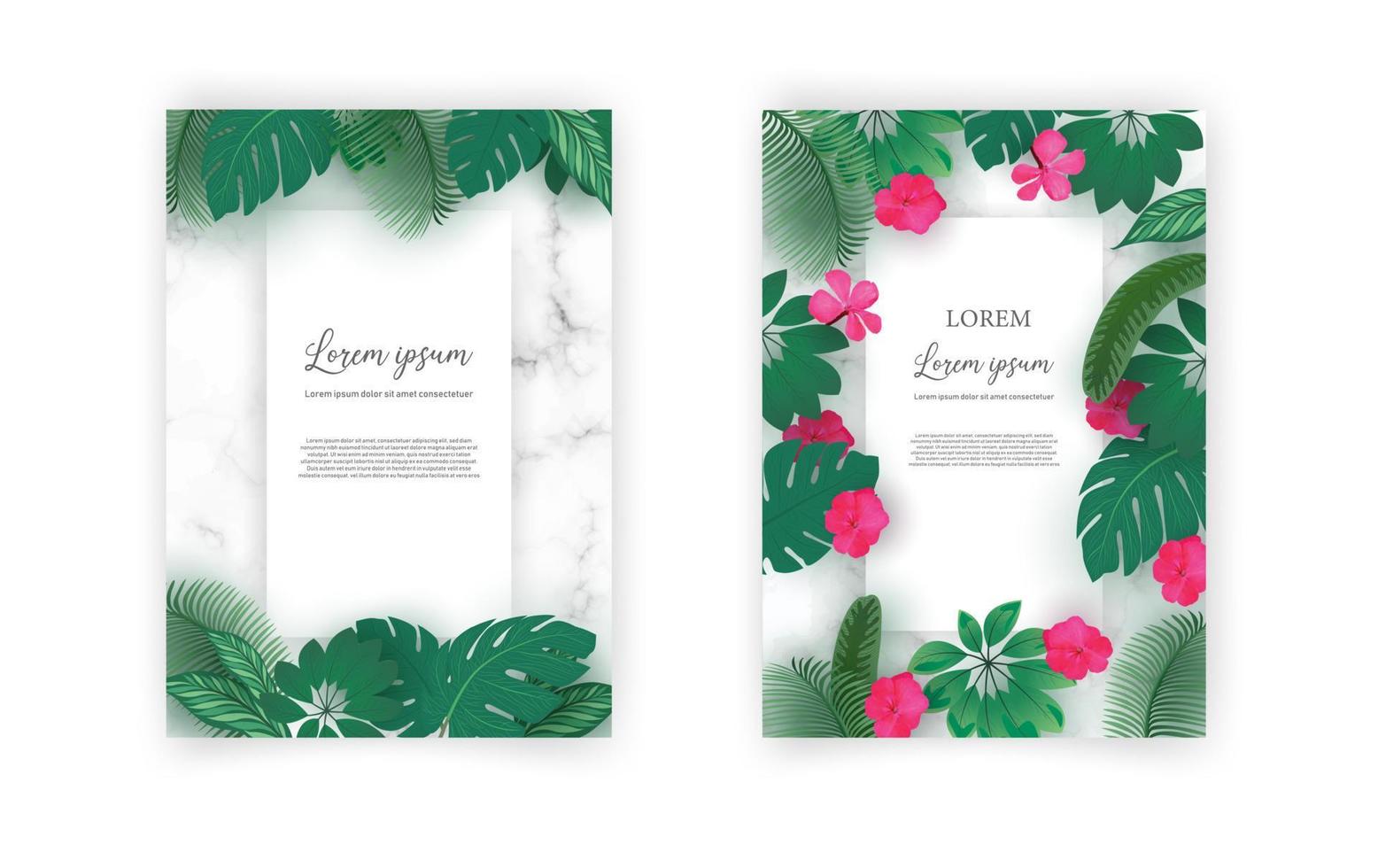 bruiloft uitnodiging kaarten met marmeren structuur achtergrond, tropisch bladeren ontwerp vector verzameling