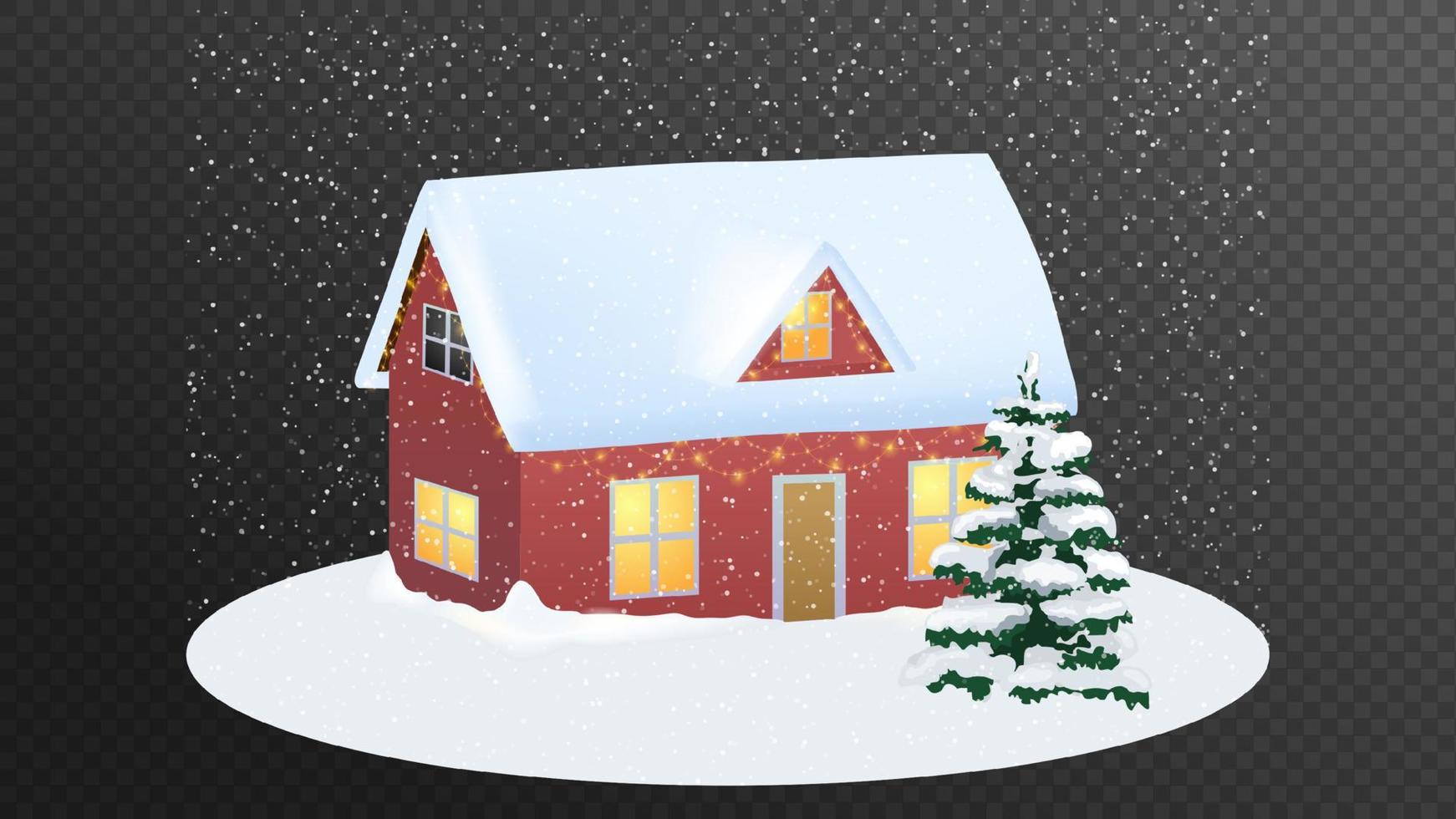 vrolijk Kerstmis huis. tekenfilm vector illustratie. gelukkig nieuw jaar spandoek. wijnoogst stijl. groet kaart. natuur. winter tijd.