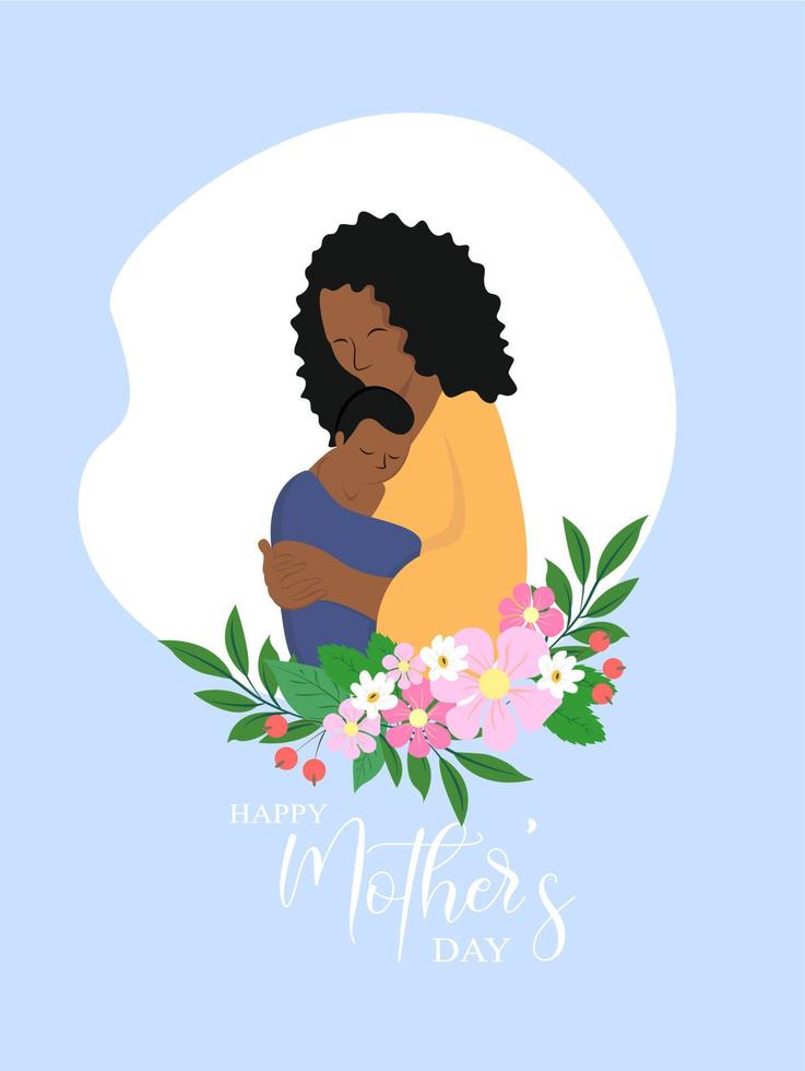 Afrikaanse vrouw draag- haar zoon Aan rug. gelukkig moeders dag vector illustratie. Afrikaanse moeders en zoon met bloemen.