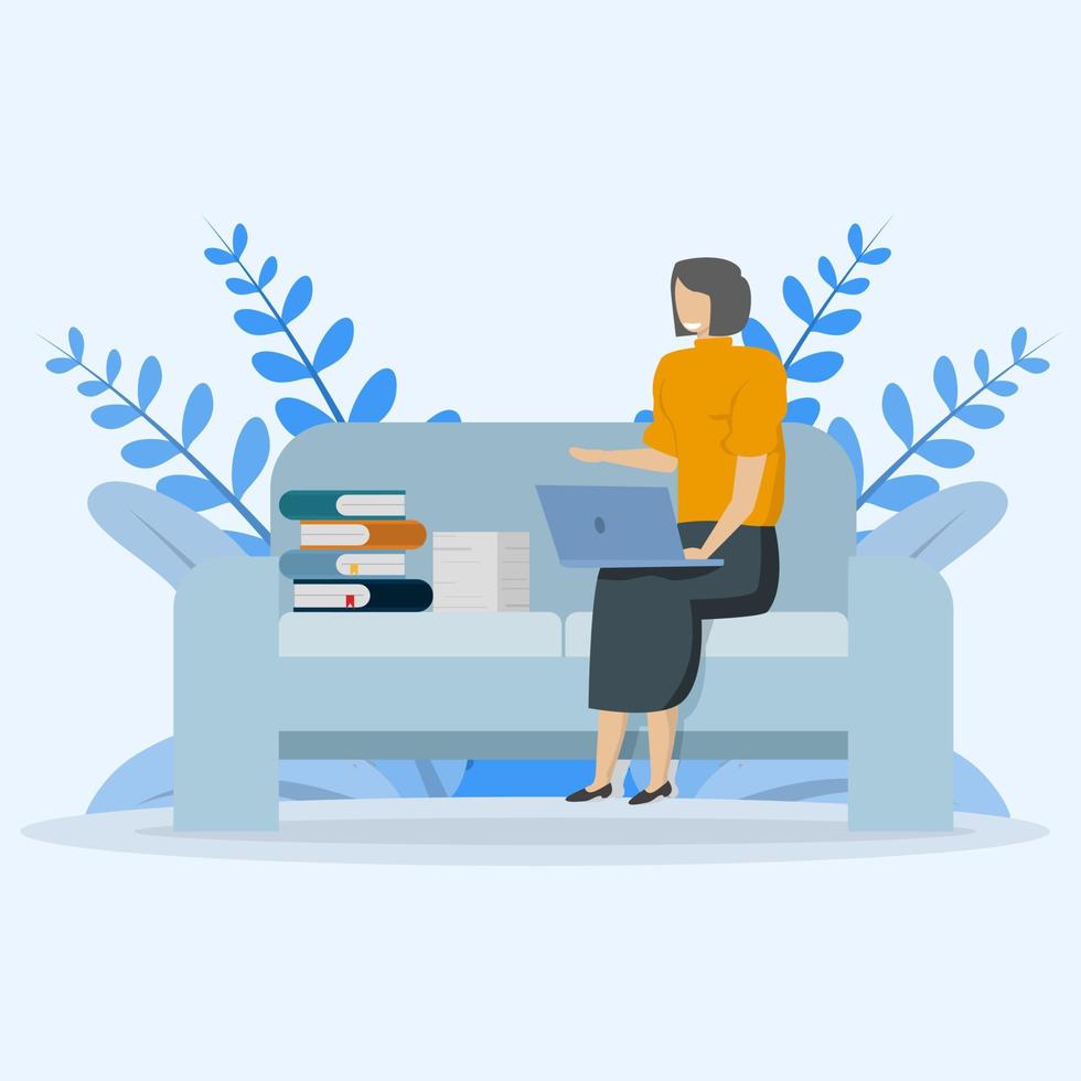 gelukkig freelancer werken met laptop Bij huis. vrouw zittend Aan sofa stoel, gebruik makend van laptop. vector illustratie voor freelancer, ochtend, planning, routine- concept