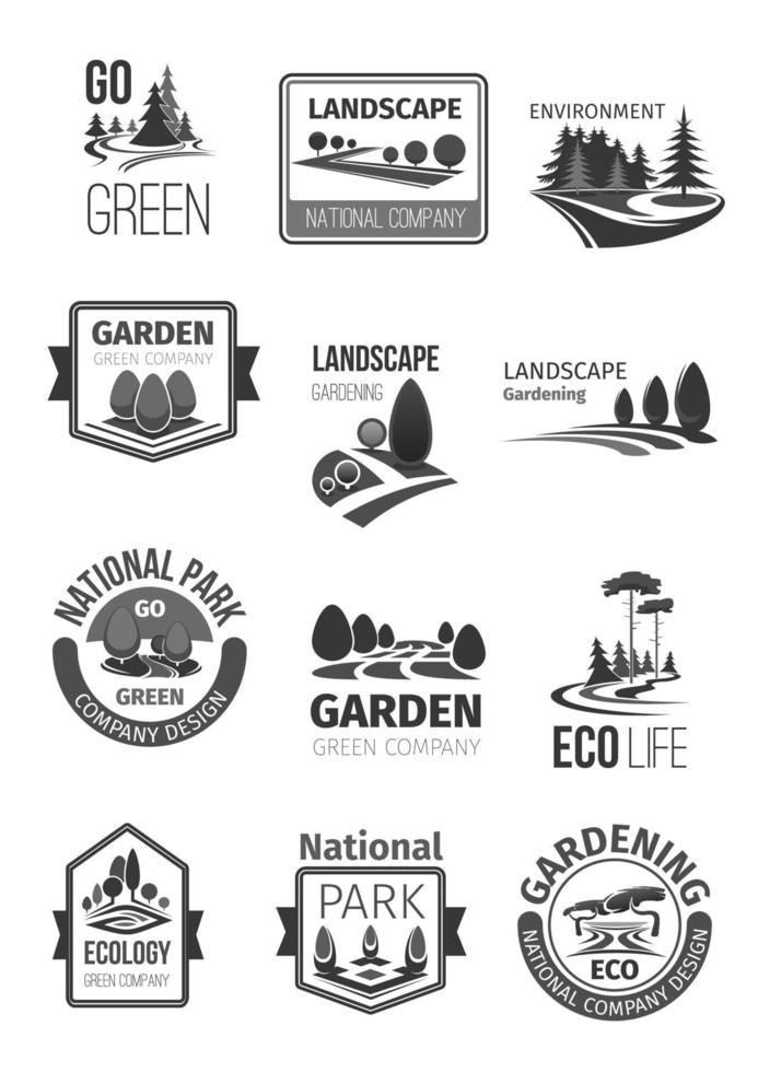 tuinen en parken landschap ontwerp vector pictogrammen