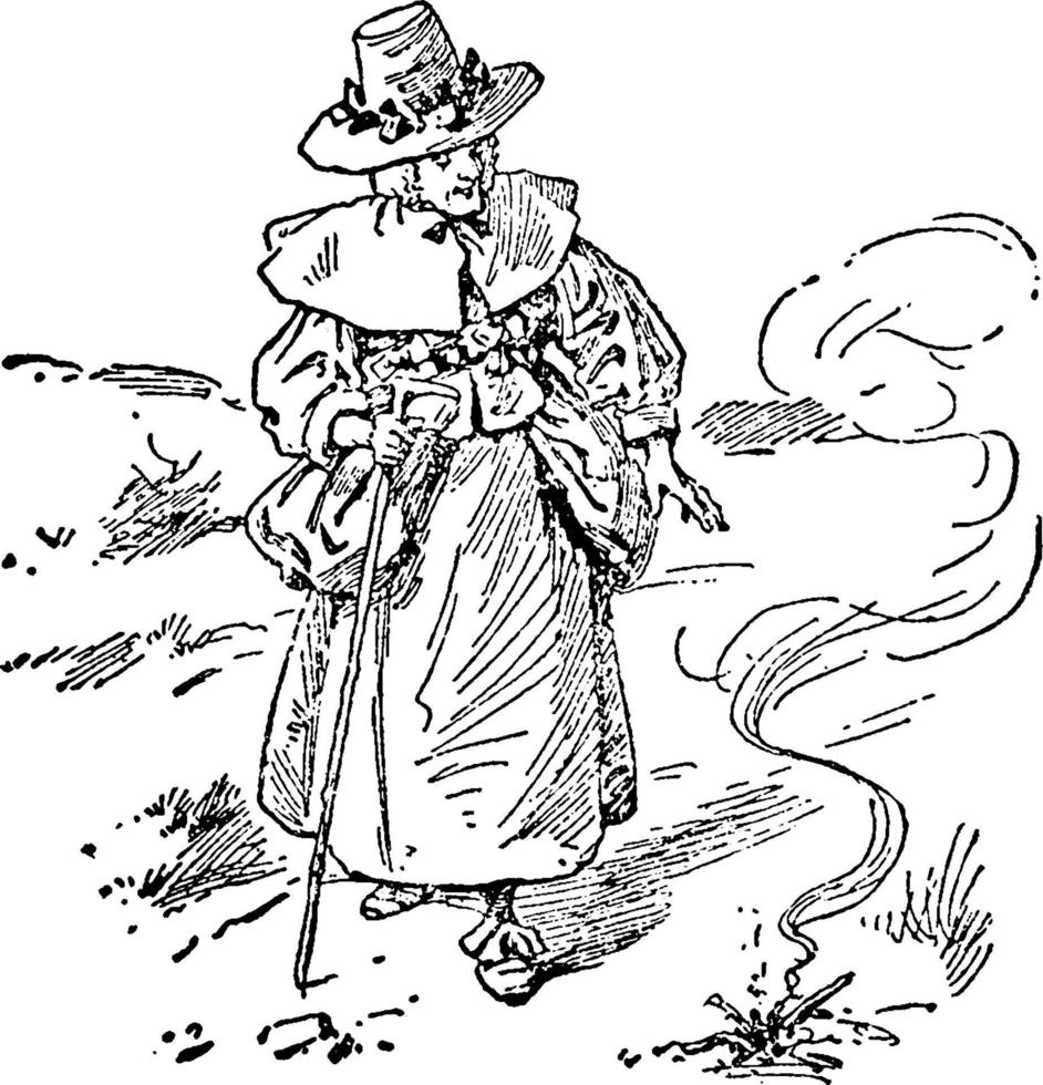 oud vrouw en haar varken, wijnoogst illustratie vector