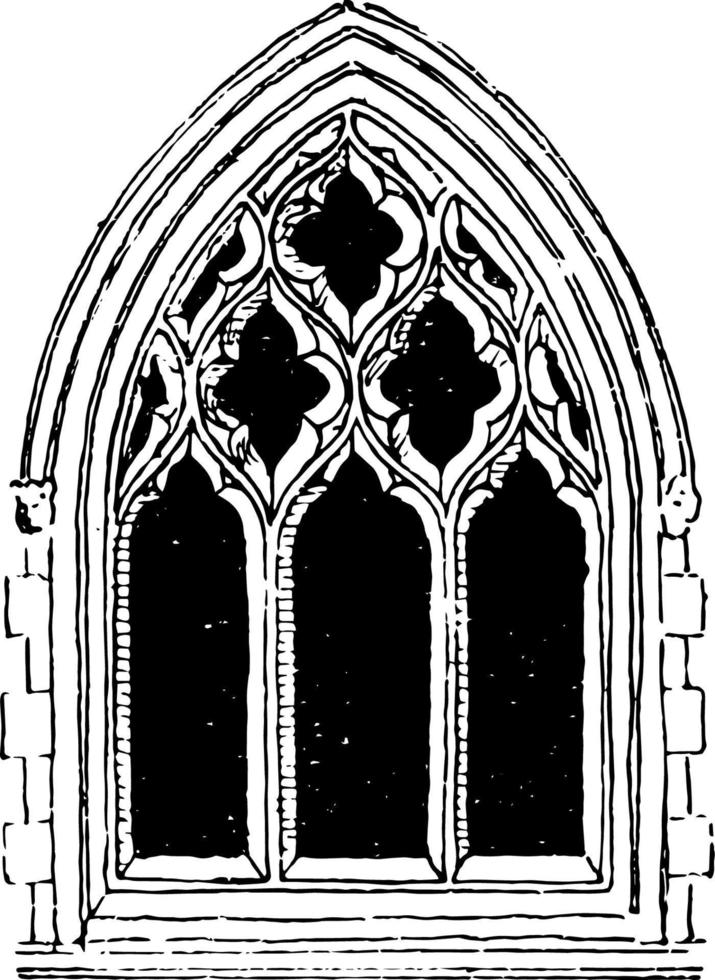 groot gotisch venster maaswerk, technisch aspecten van de ramen, wijnoogst gravure. vector