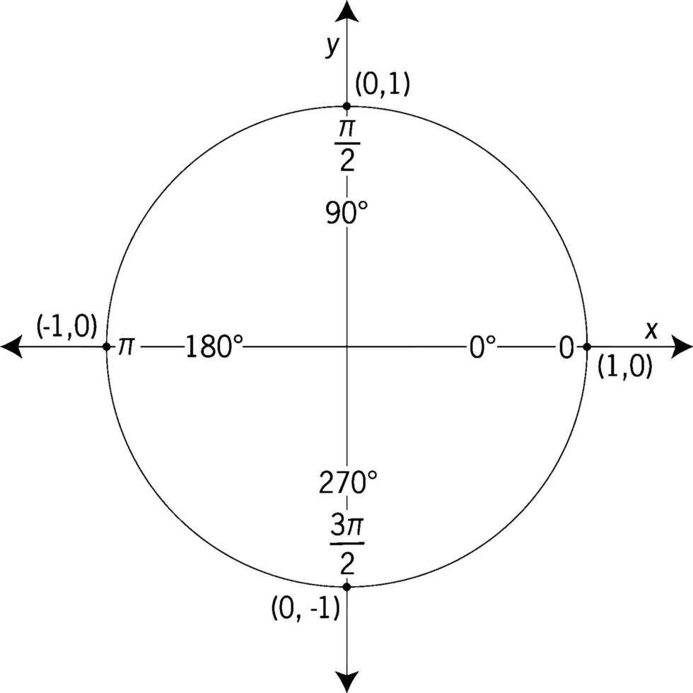 eenheid cirkel gelabeld met kwadrantaal hoeken en waarden, wijnoogst illustratie vector