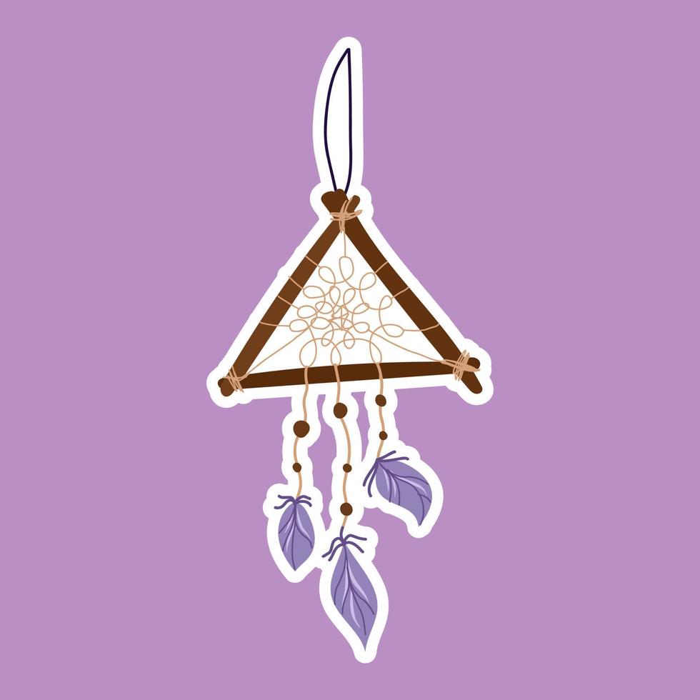 houten driehoek dromenvanger met Purper veren sticker. esoterisch en mystiek ontwerp element. vector