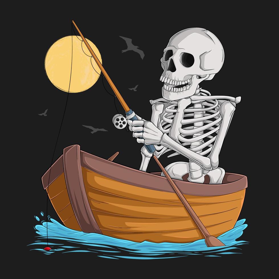 hand- getrokken grappig skelet visvangst in meer Aan zijn oud houten boot tegen de zon en vliegend vogelstand vector
