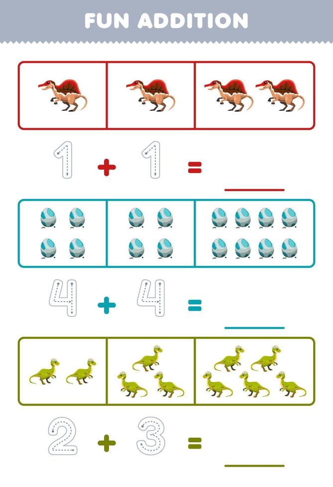 onderwijs spel voor kinderen pret toevoeging door tellen en traceren de aantal van schattig tekenfilm dinosaurus en ei afdrukbare prehistorisch dinosaurus werkblad vector