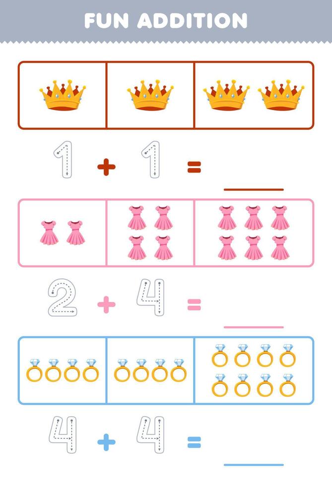 onderwijs spel voor kinderen pret toevoeging door tellen en traceren de aantal van schattig tekenfilm kroon jurk ring afdrukbare draagbaar kleren werkblad vector