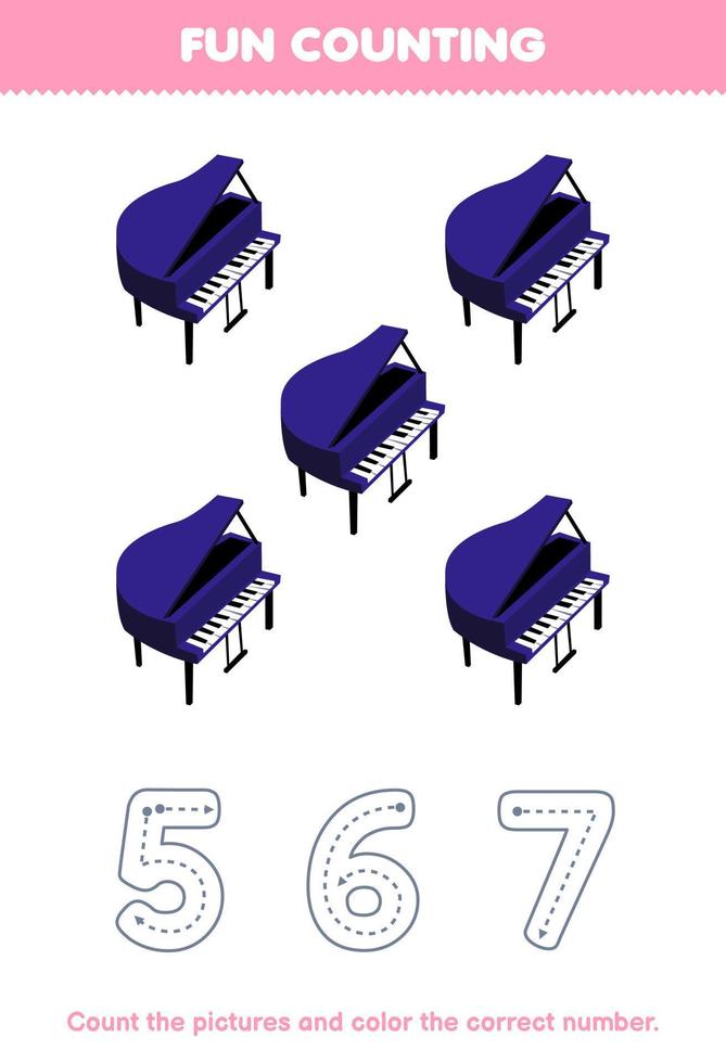 onderwijs spel voor kinderen tellen de afbeeldingen en kleur de correct aantal van tekenfilm piano afdrukbare muziek- instrument werkblad vector