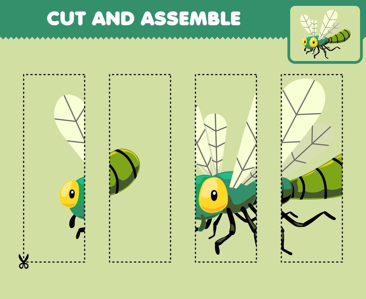 onderwijs spel voor kinderen snijdend praktijk en monteren puzzel met schattig tekenfilm libel afdrukbare kever werkblad vector