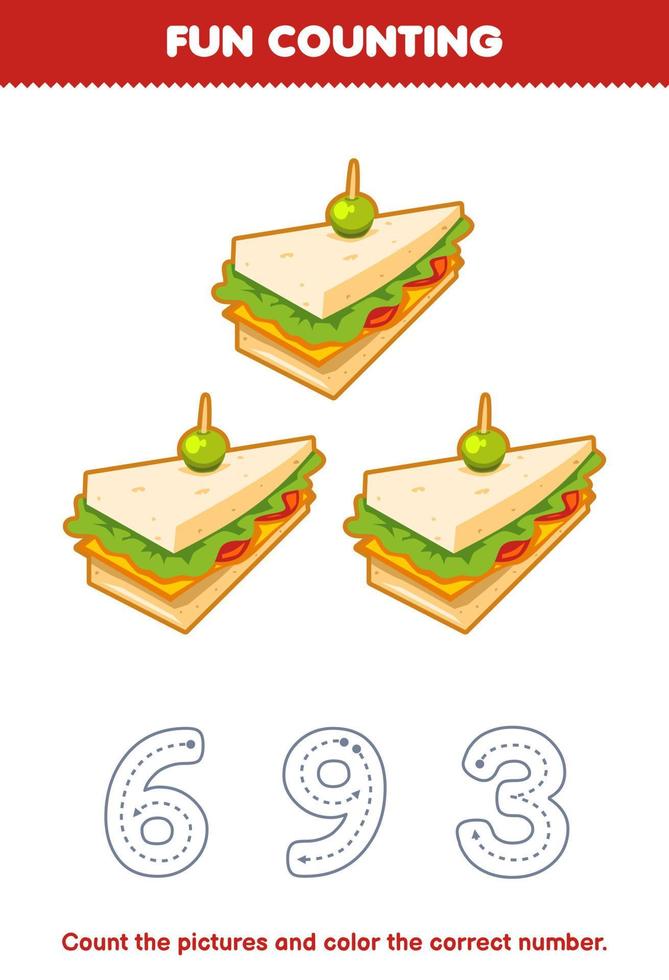 onderwijs spel voor kinderen tellen de afbeeldingen en kleur de correct aantal van schattig tekenfilm belegd broodje afdrukbare voedsel werkblad vector