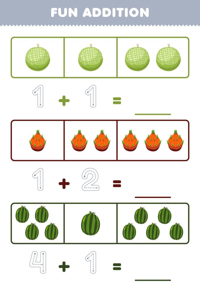onderwijs spel voor kinderen pret toevoeging door tellen en traceren de aantal van schattig tekenfilm meloen draak fruit watermeloen afdrukbare fruit werkblad vector