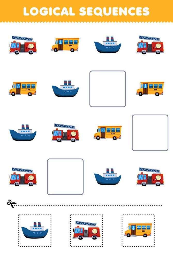 onderwijs spel voor kinderen logisch opeenvolgingen voor kinderen met schattig tekenfilm brandweerwagen bus veerboot schip afdrukbare vervoer werkblad vector