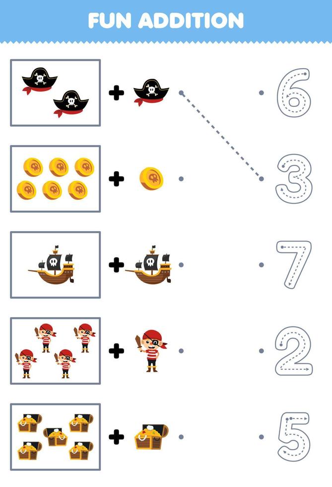 onderwijs spel voor kinderen pret tellen en toevoegen een meer schattig tekenfilm piraat reeks vervolgens Kiezen de correct aantal door traceren de lijn halloween werkblad vector