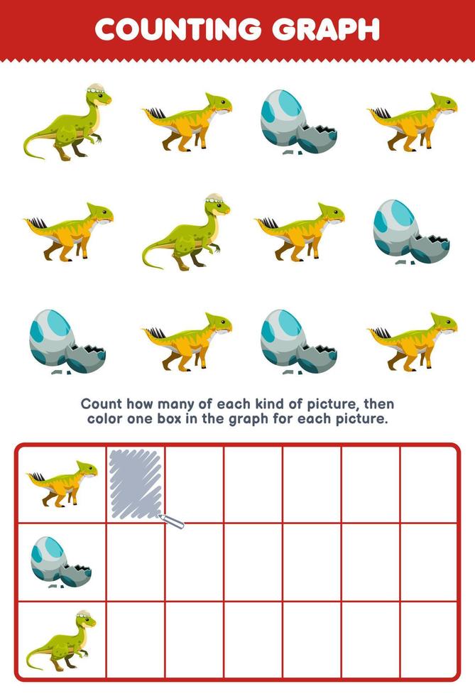 onderwijs spel voor kinderen tellen hoe veel schattig tekenfilm dino en ei vervolgens kleur de doos in de diagram afdrukbare prehistorisch dinosaurus werkblad vector
