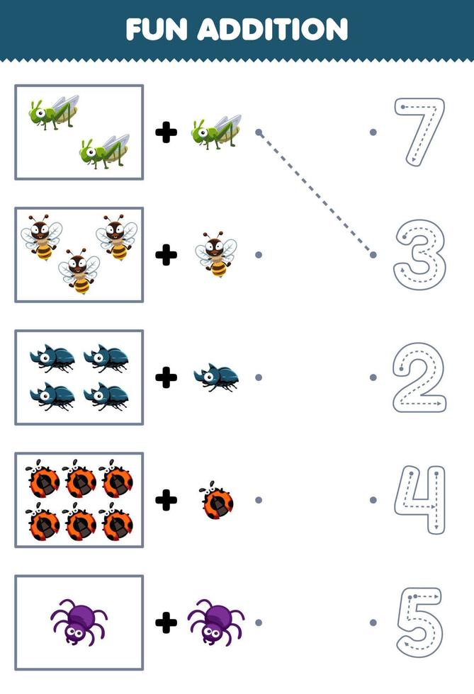 onderwijs spel voor kinderen pret tellen en toevoegen een meer schattig tekenfilm kever dier vervolgens Kiezen de correct aantal door traceren de lijn werkblad vector