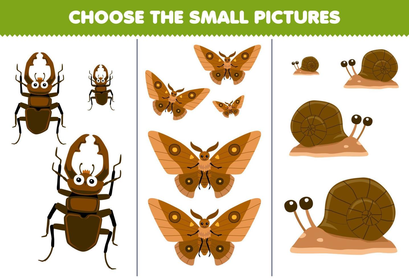 onderwijs spel voor kinderen Kiezen de klein afbeelding van schattig tekenfilm kever mot slak afdrukbare kever werkblad vector
