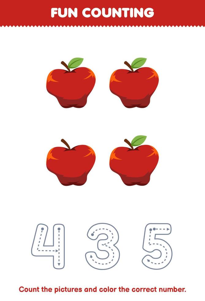 onderwijs spel voor kinderen tellen de afbeeldingen en kleur de correct aantal van schattig tekenfilm appel afdrukbare fruit werkblad vector