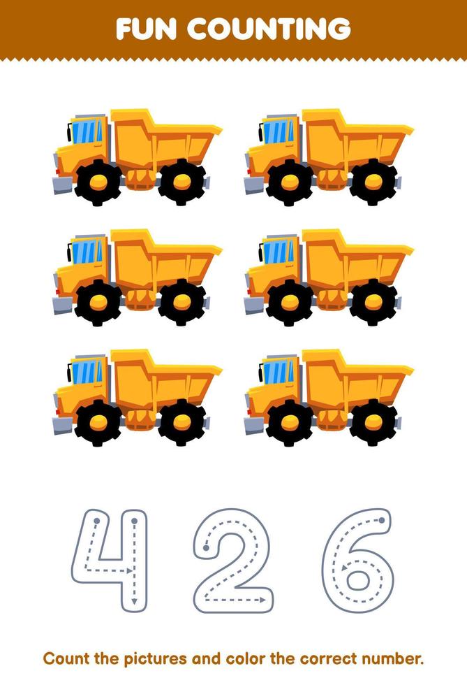 onderwijs spel voor kinderen tellen de afbeeldingen en kleur de correct aantal van schattig tekenfilm dump vrachtauto afdrukbare vervoer werkblad vector