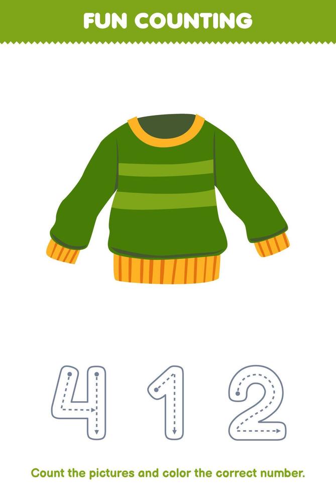 onderwijs spel voor kinderen tellen de afbeeldingen en kleur de correct aantal van tekenfilm groen trui afdrukbare draagbaar kleren werkblad vector