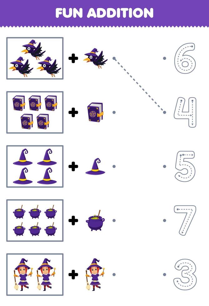 onderwijs spel voor kinderen pret tellen en toevoegen een meer schattig tekenfilm heks reeks vervolgens Kiezen de correct aantal door traceren de lijn halloween werkblad vector