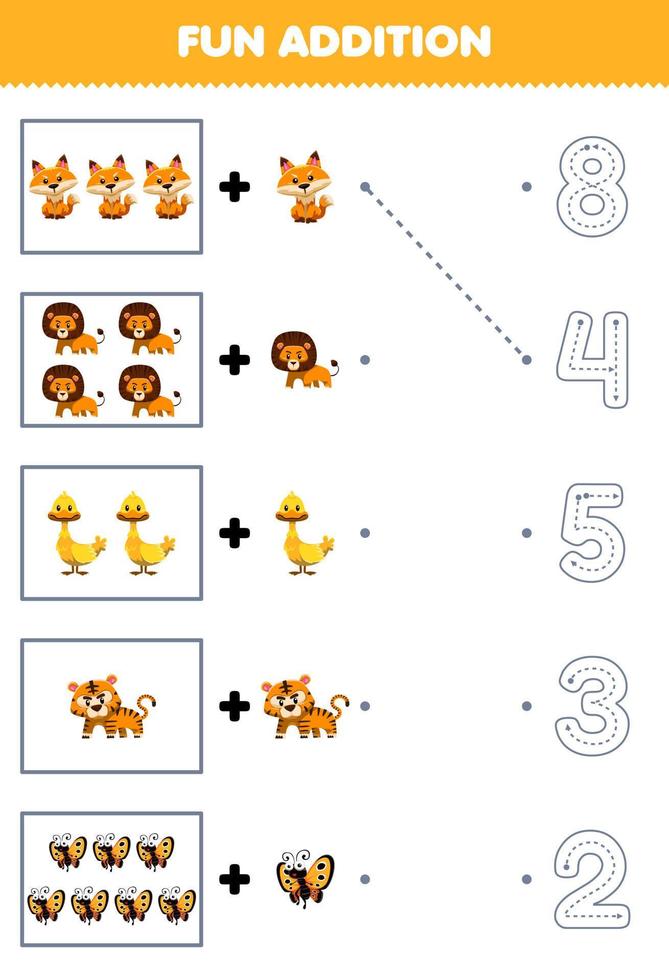 onderwijs spel voor kinderen pret tellen en toevoegen een meer schattig tekenfilm geel dier vervolgens Kiezen de correct aantal door traceren de lijn werkblad vector
