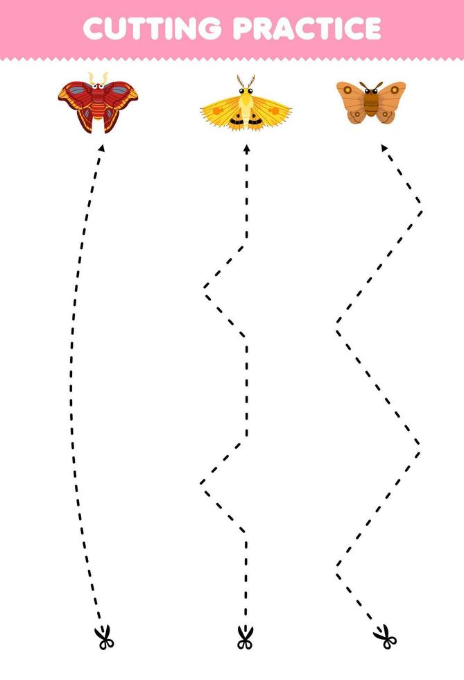 onderwijs spel voor kinderen snijdend praktijk met schattig tekenfilm mot afdrukbare kever werkblad vector