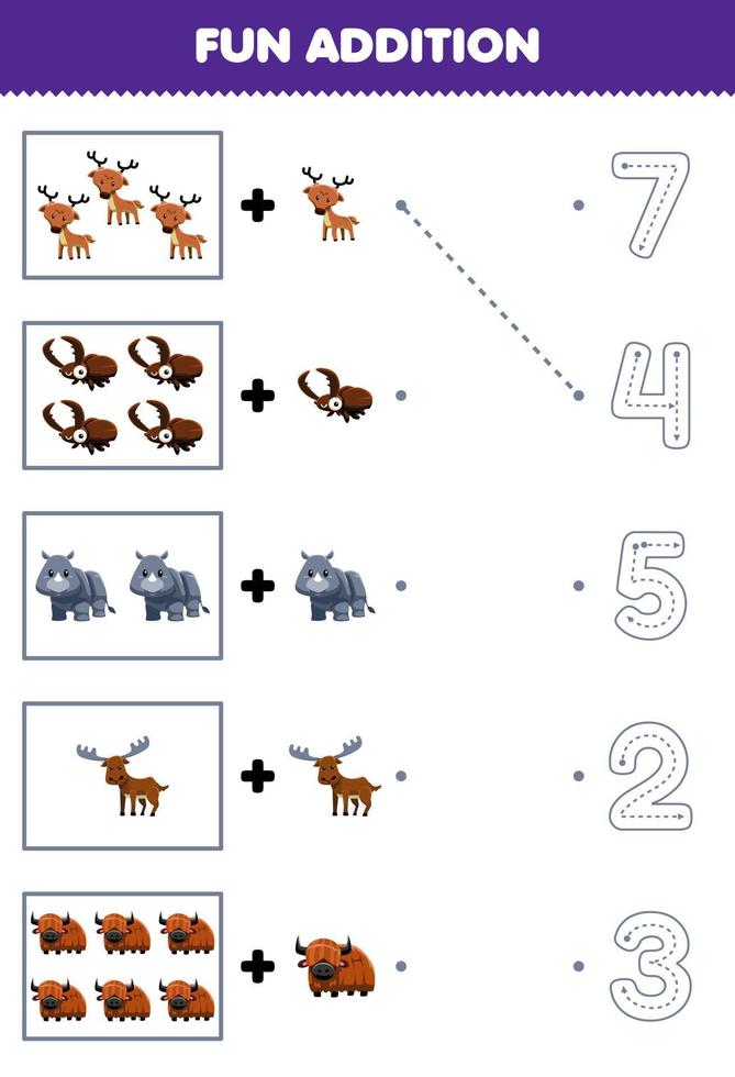 onderwijs spel voor kinderen pret tellen en toevoegen een meer schattig tekenfilm toeter dier vervolgens Kiezen de correct aantal door traceren de lijn werkblad vector