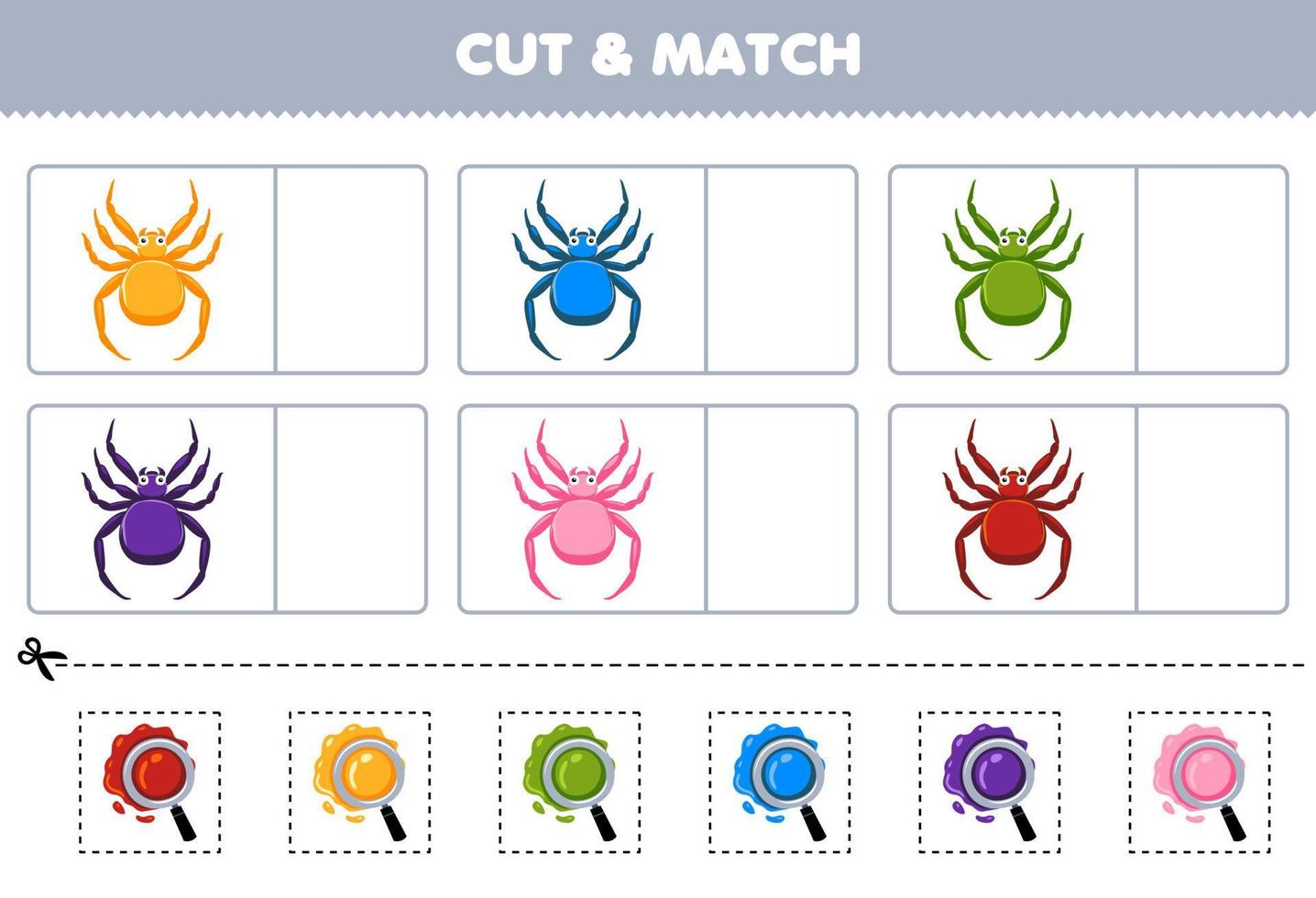 onderwijs spel voor kinderen besnoeiing en bij elkaar passen de dezelfde kleur van schattig tekenfilm spin afdrukbare kever werkblad vector